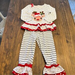 Christmas Reindeer Girls Long Sleeve Ruffle Leggings Outfit Set Size 18-24 M